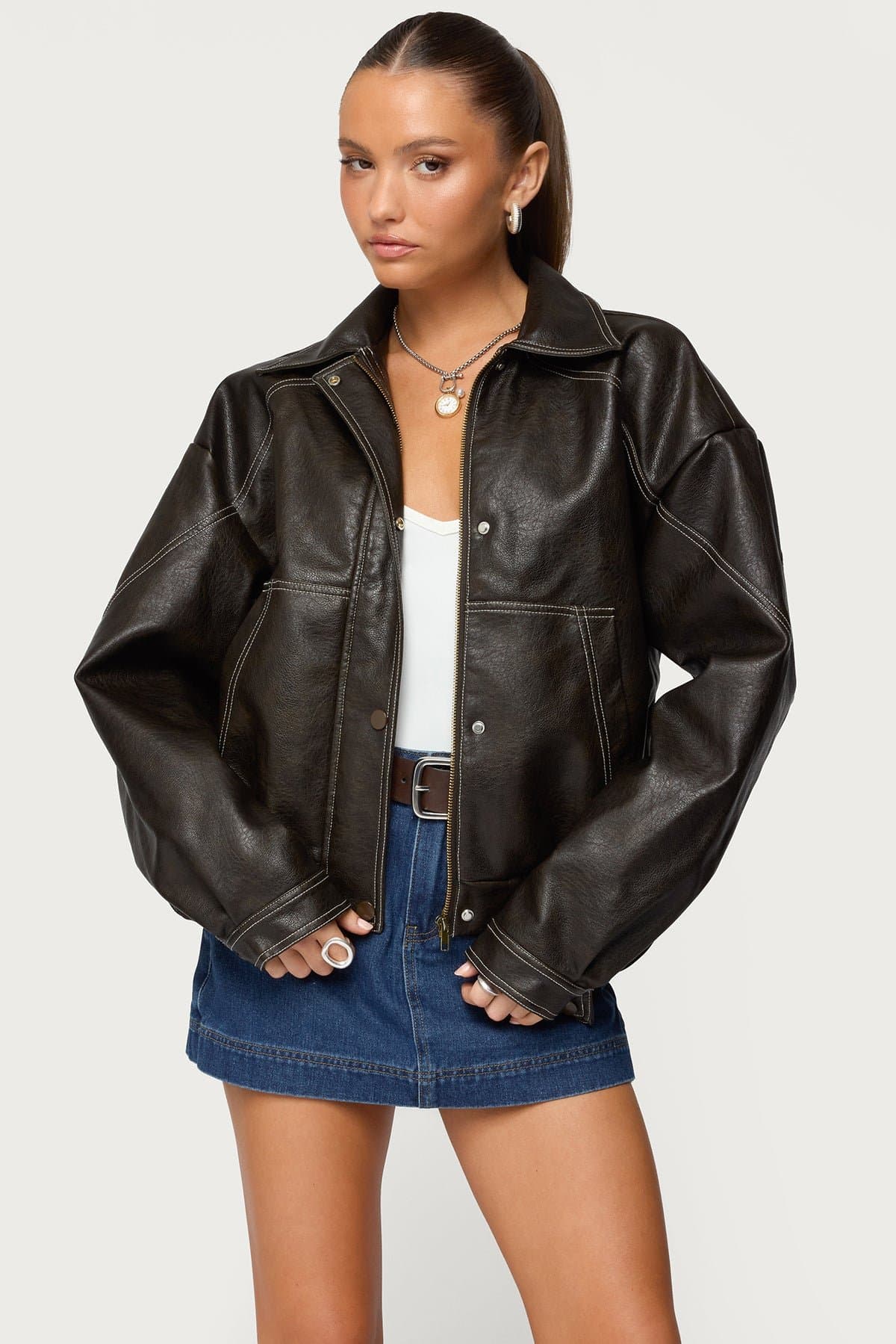 Jaxson Oversized Faux Leather Bomber Jacket - Black, Polyurethane Polyester