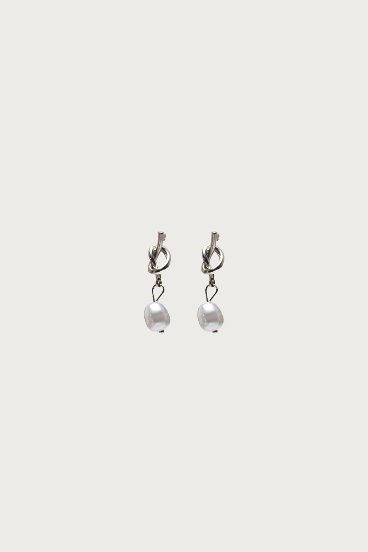Knotted Pearl Charm Dangling Earrings Silver Tone Metal 1.4 Inch Length