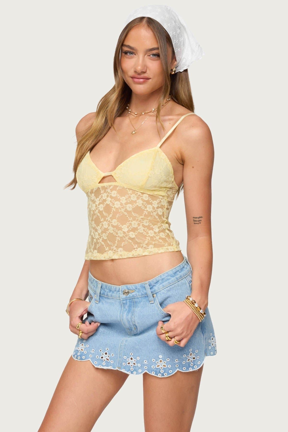 Sheer Lace Cutout Tank Top with Adjustable Straps - Nylon Spandex