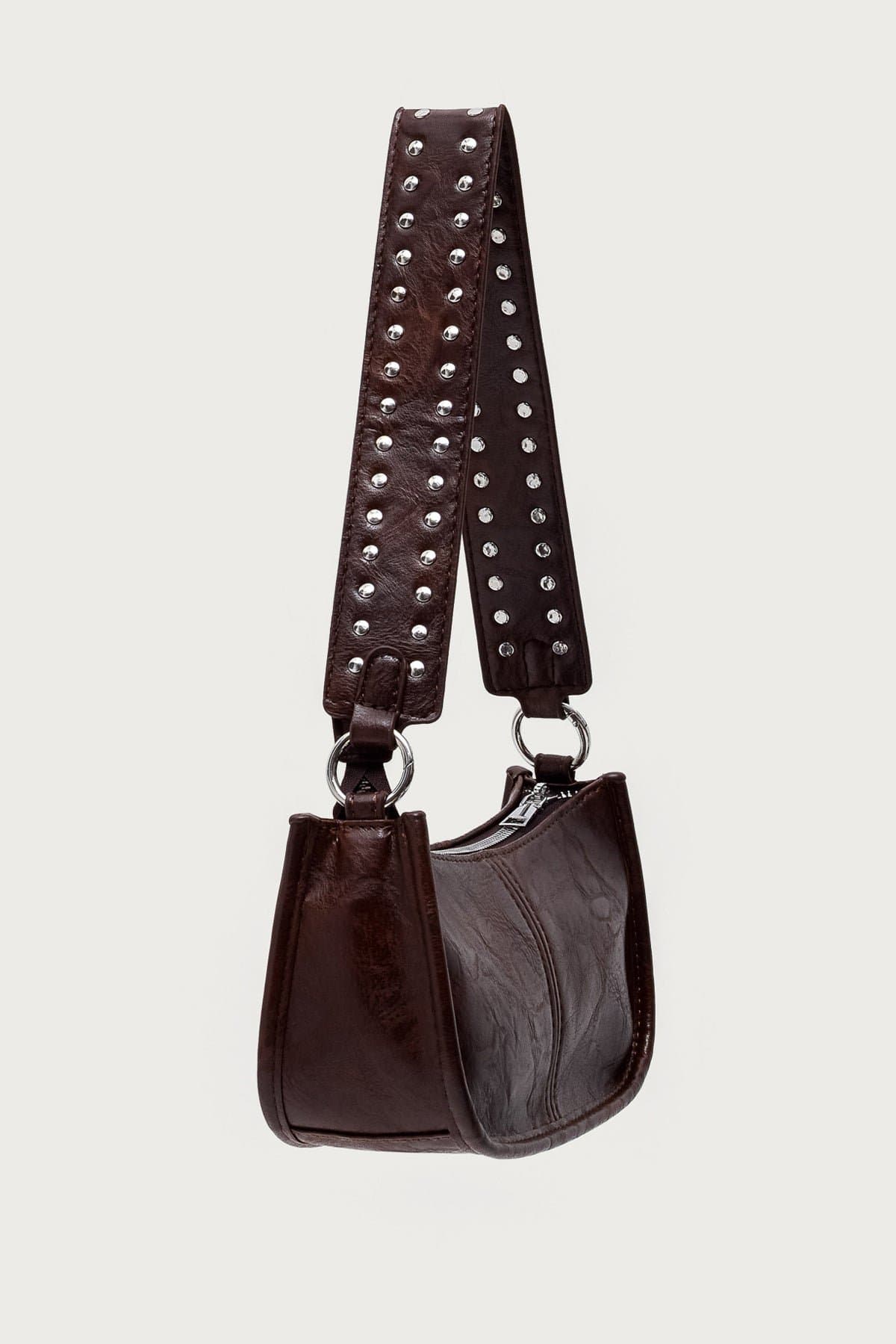 Studded Strap Faux Leather Bag with Metal Ring Detailing - 9.7" Width