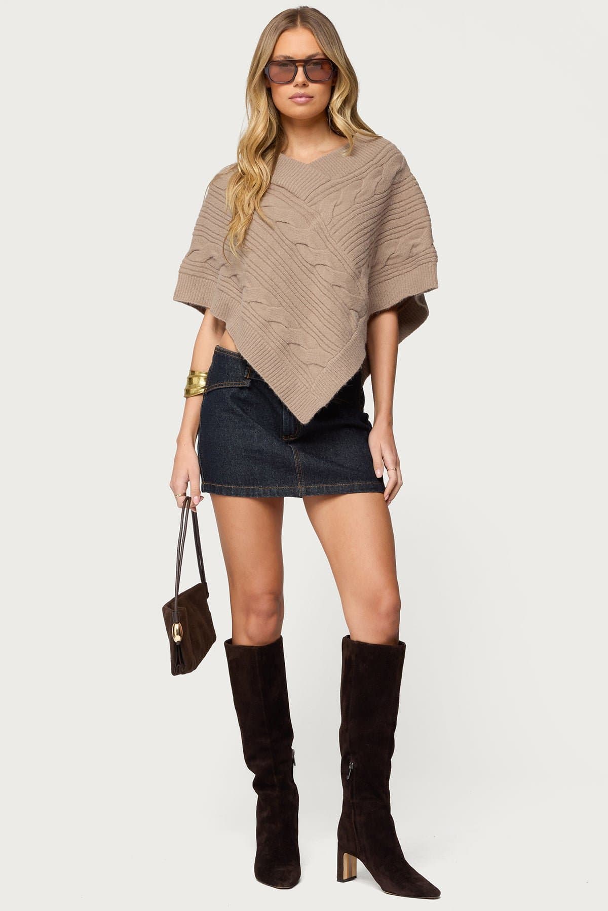 Vickey Cable Knit Poncho - V-Neck Acrylic Polyester Nylon Sweater