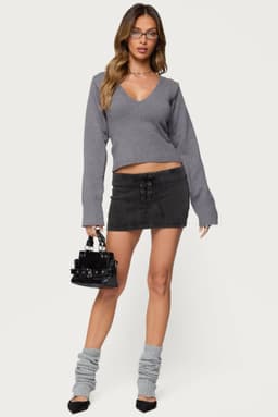 Lace Up Stretchy Denim Mini Skort with Back Zip Closure