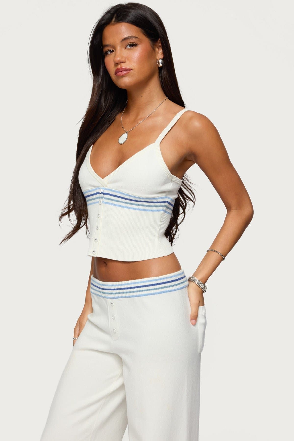 Miya Stripey Ribbed Knit Tank Top with Adjustable Straps V-Neck Rayon Polyester Nylon