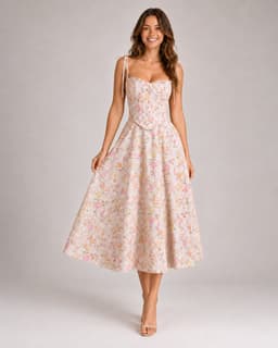 Women's Pink Floral Corset Midi Dress – Sweetheart Neck Tie Shoulder Strap Boned Bodice Full A-Line Sundress with Lining