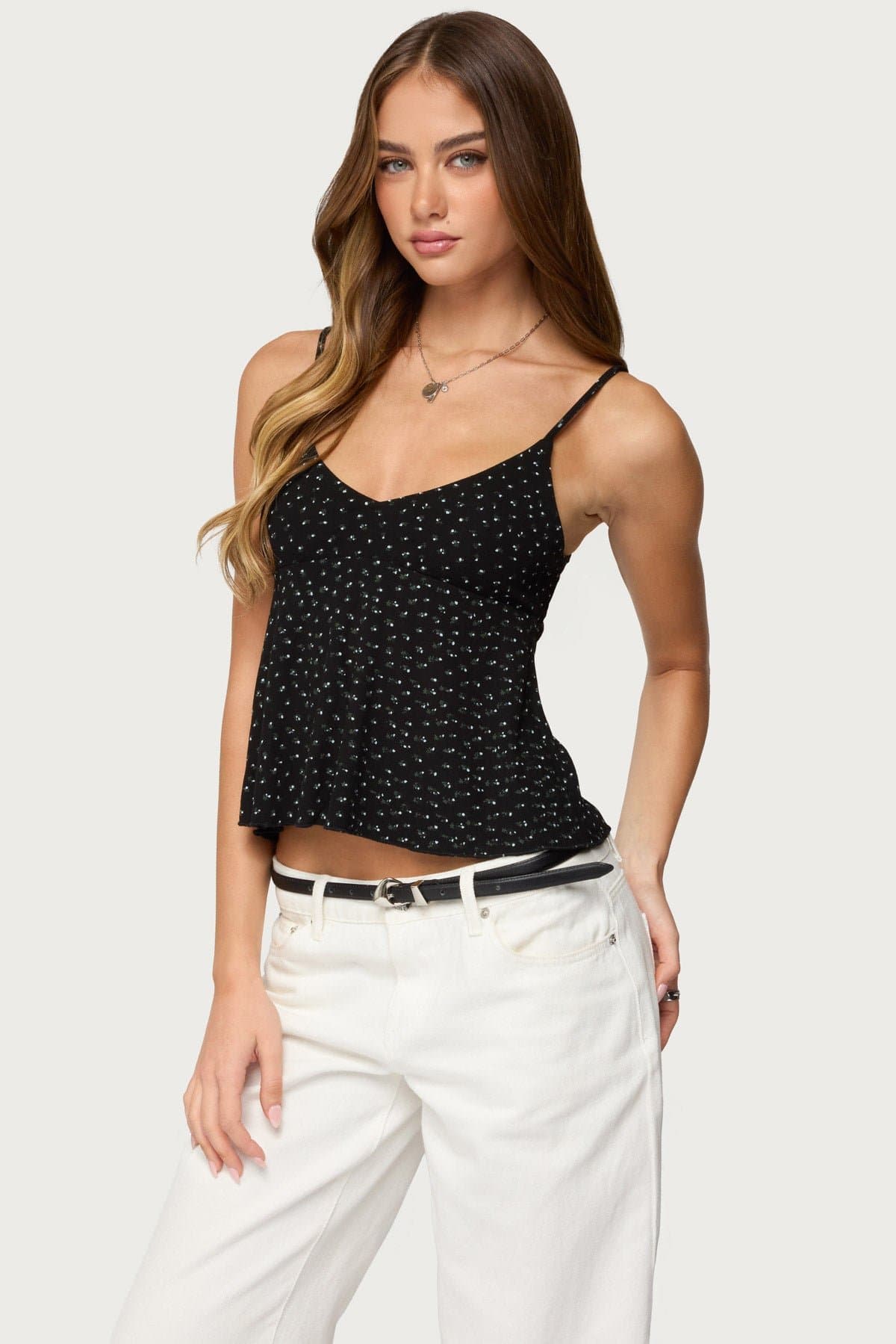 Kelli Floral Babydoll Tank Top with Adjustable Straps in Rayon Spandex