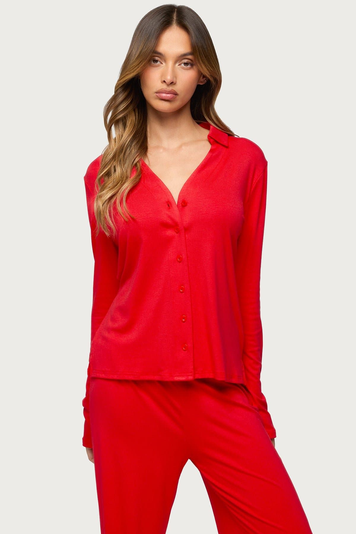 Justina Button Up Long Sleeve Sleepwear Top - V-Neck Collared Cotton Polyester Spandex