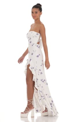 Floral Strapless Back Bow Corset Maxi Dress in White