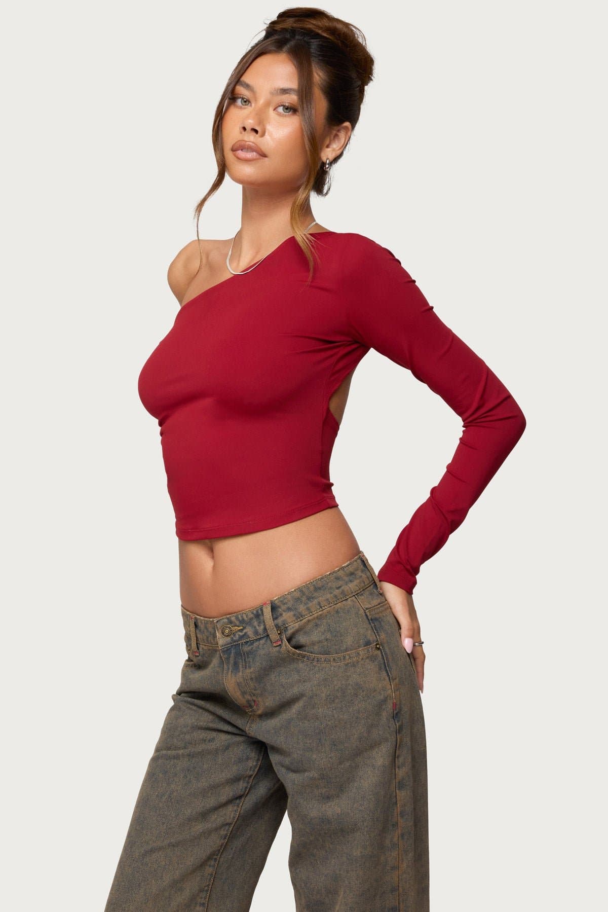 Mila Asymmetric Backless One Shoulder Long Sleeve Top - Polyester Spandex