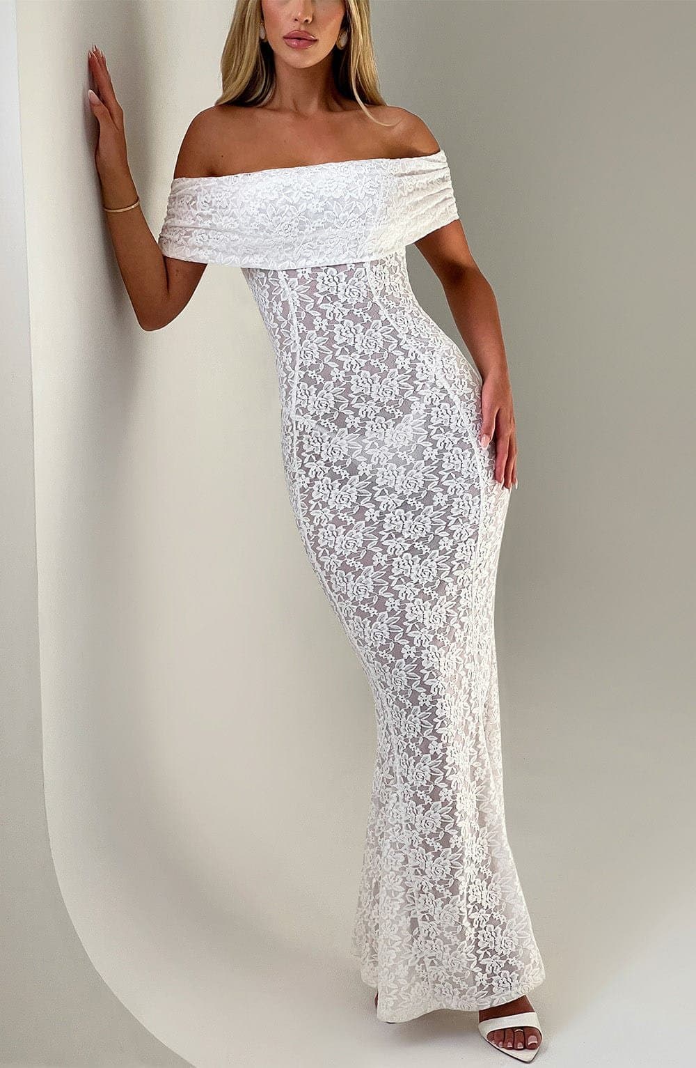 Stephanie Maxi Dress in Ivory - Stretch Floral Lace, Off Shoulder Bardot Neckline