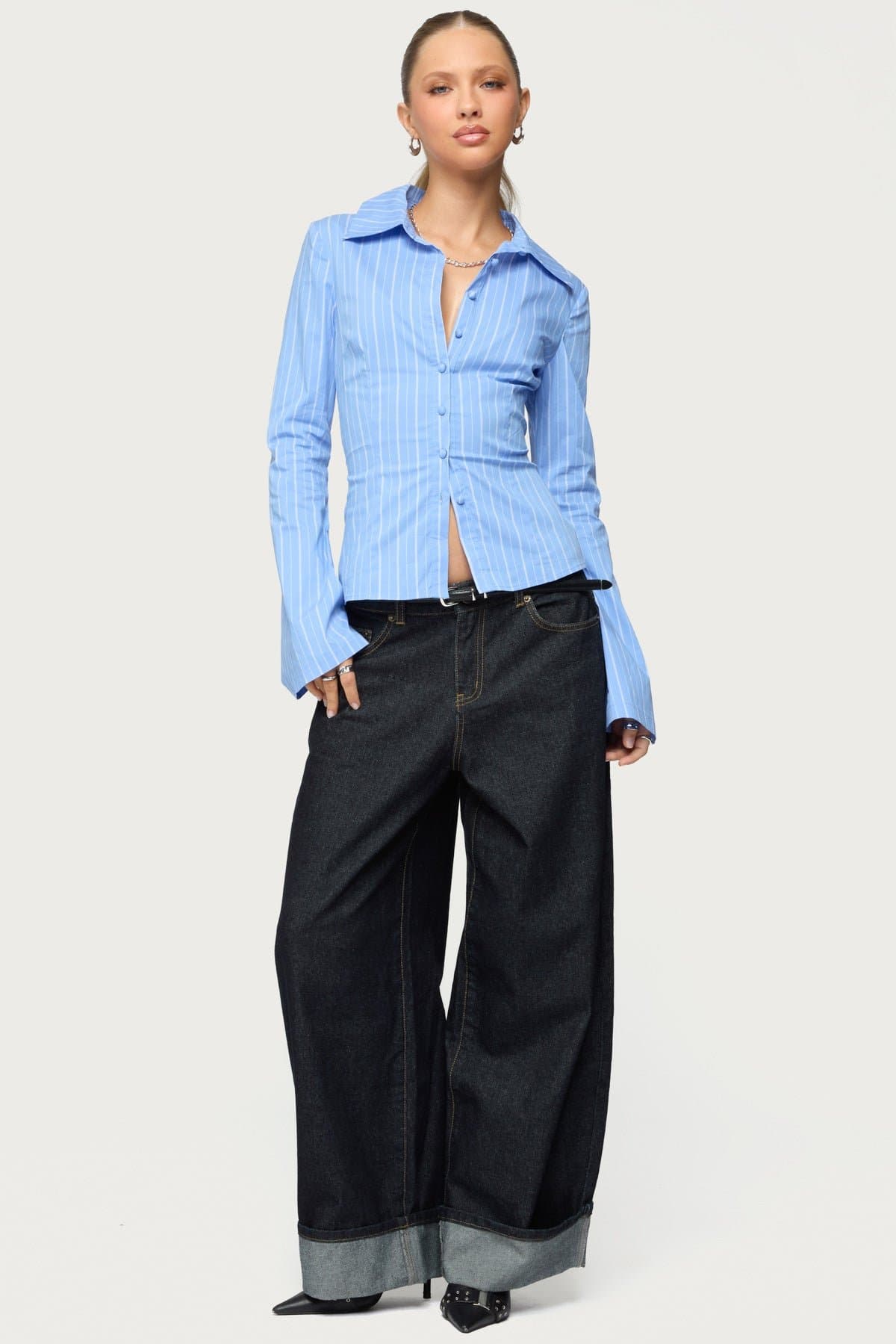 Pinstripe Tailored Button Up Shirt - Cotton Nylon Spandex Long Sleeve Men's