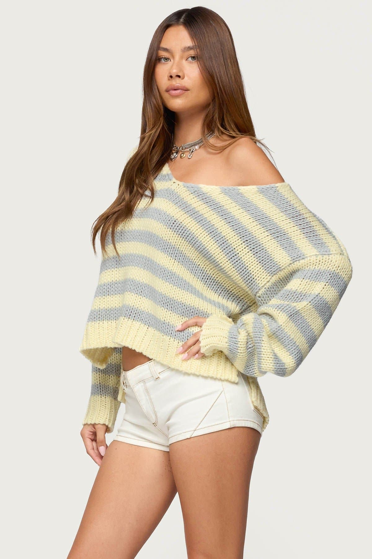 Eugenie Oversized Striped Sweater - V Neck Knit Acrylic with Contrast Cuffs & Side Slits