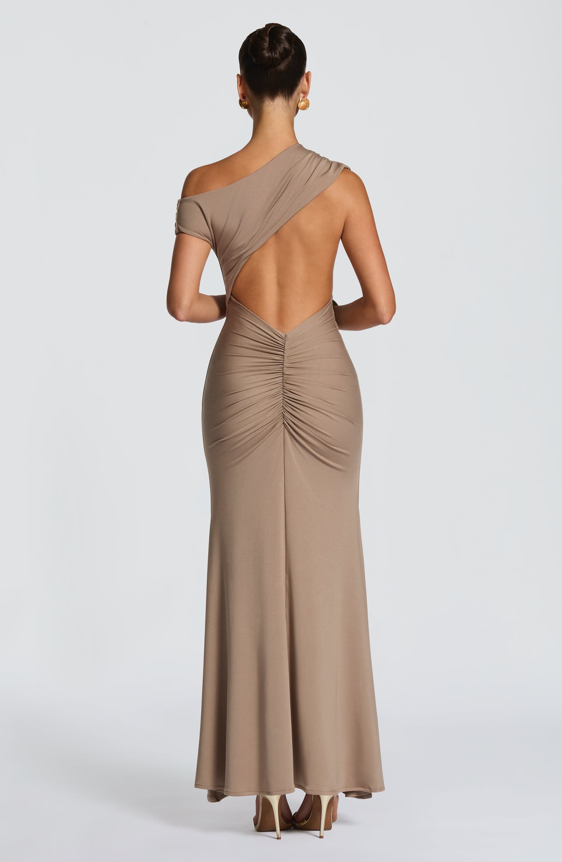 Fiora Maxi Dress in Stone - Stretch Modal Jersey Asymmetric Neckline Open Back
