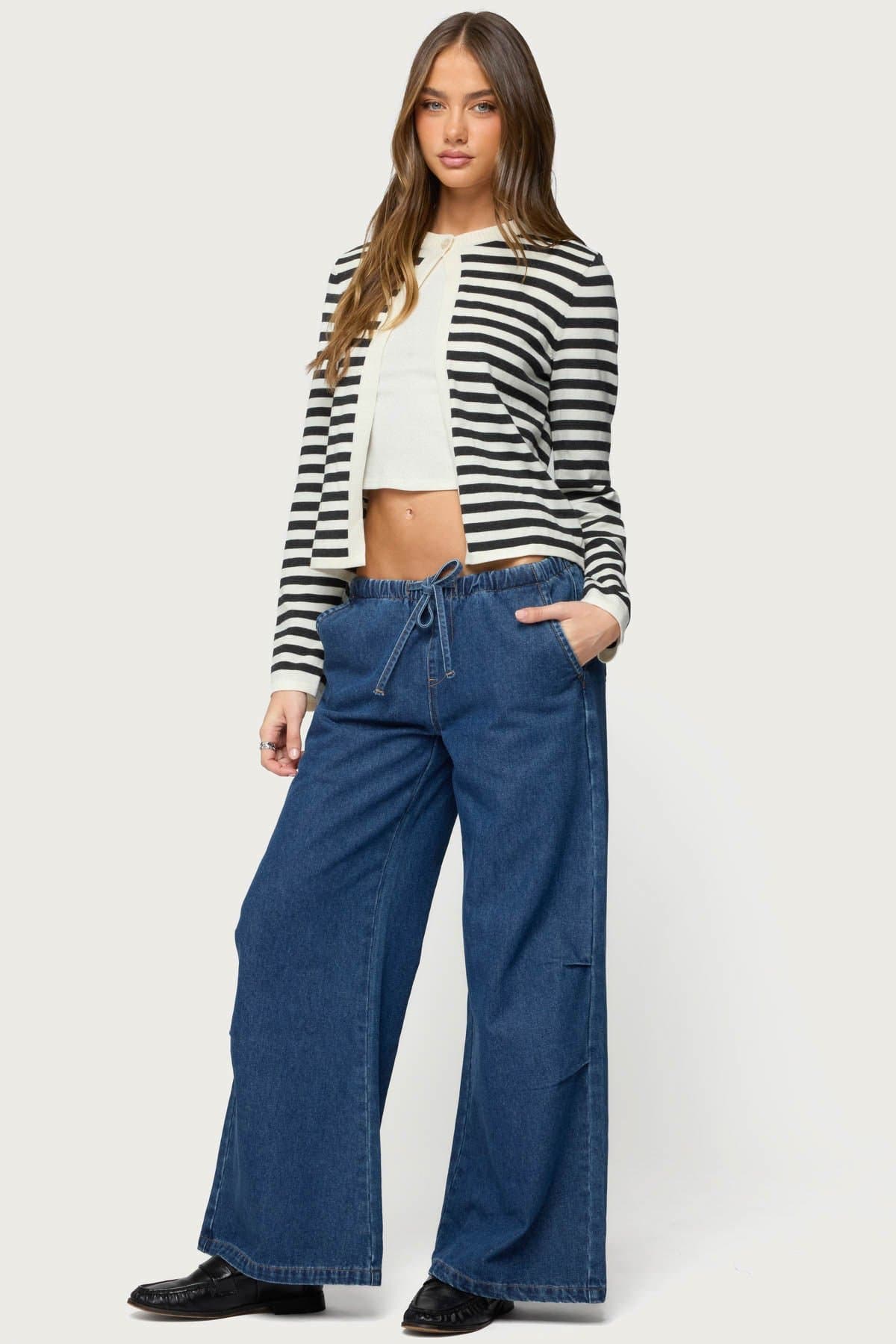 Jenie Split Front Striped Knit Cardigan - Cotton Nylon Ribbed Neckline Button Closure