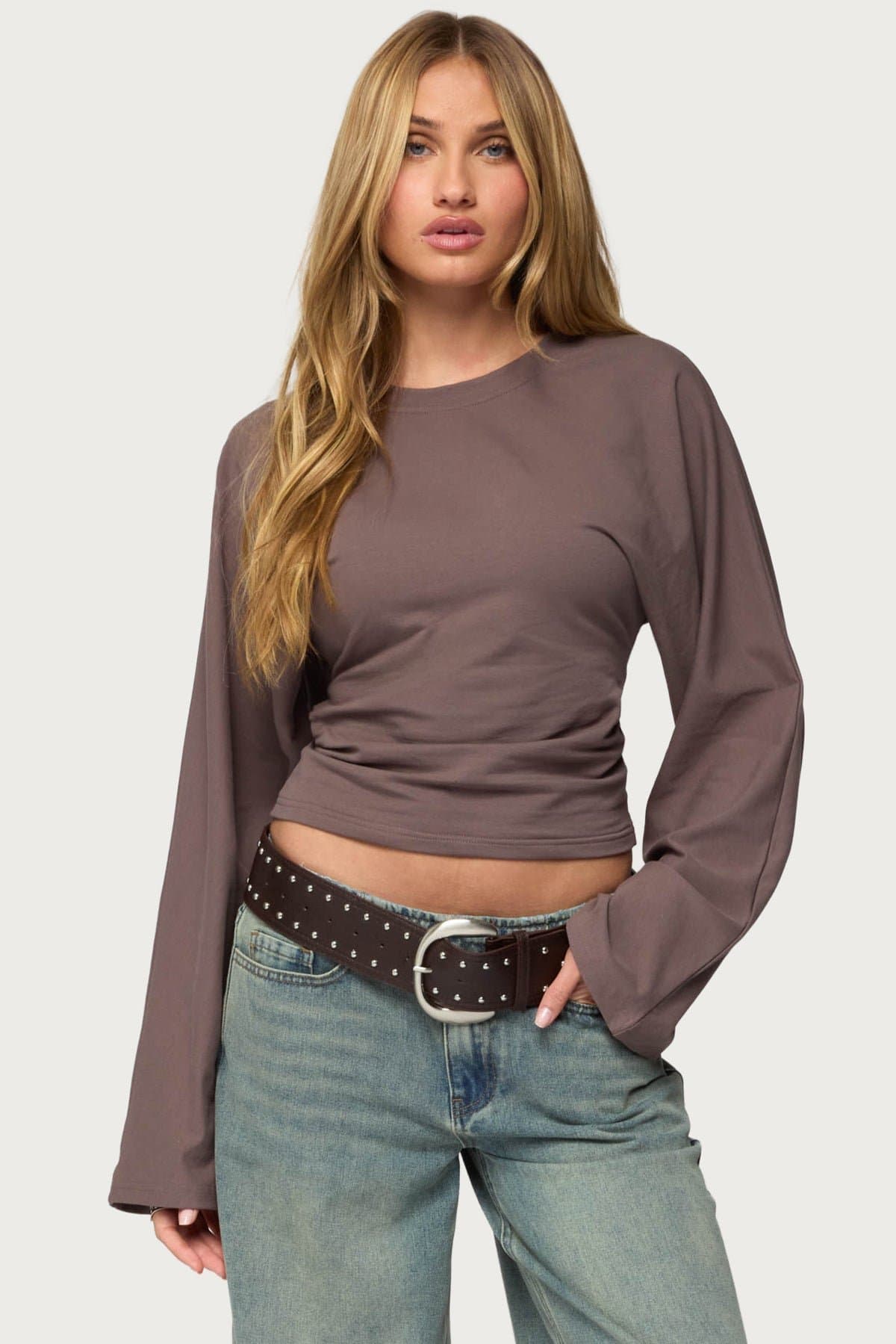 Charlisa Cinched Waist Long Sleeve Top - Cotton Spandex Ruched Detailing