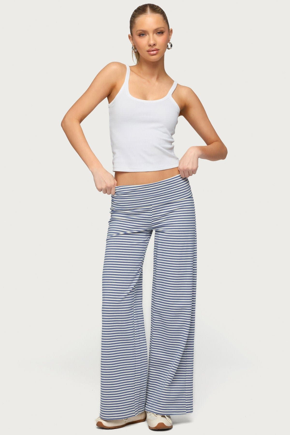 Petite Lilah Striped Fold Over Wide Leg Pants - Cotton Polyester Spandex