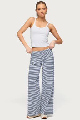 Petite Lilah Striped Fold Over Wide Leg Pants - Cotton Polyester Spandex