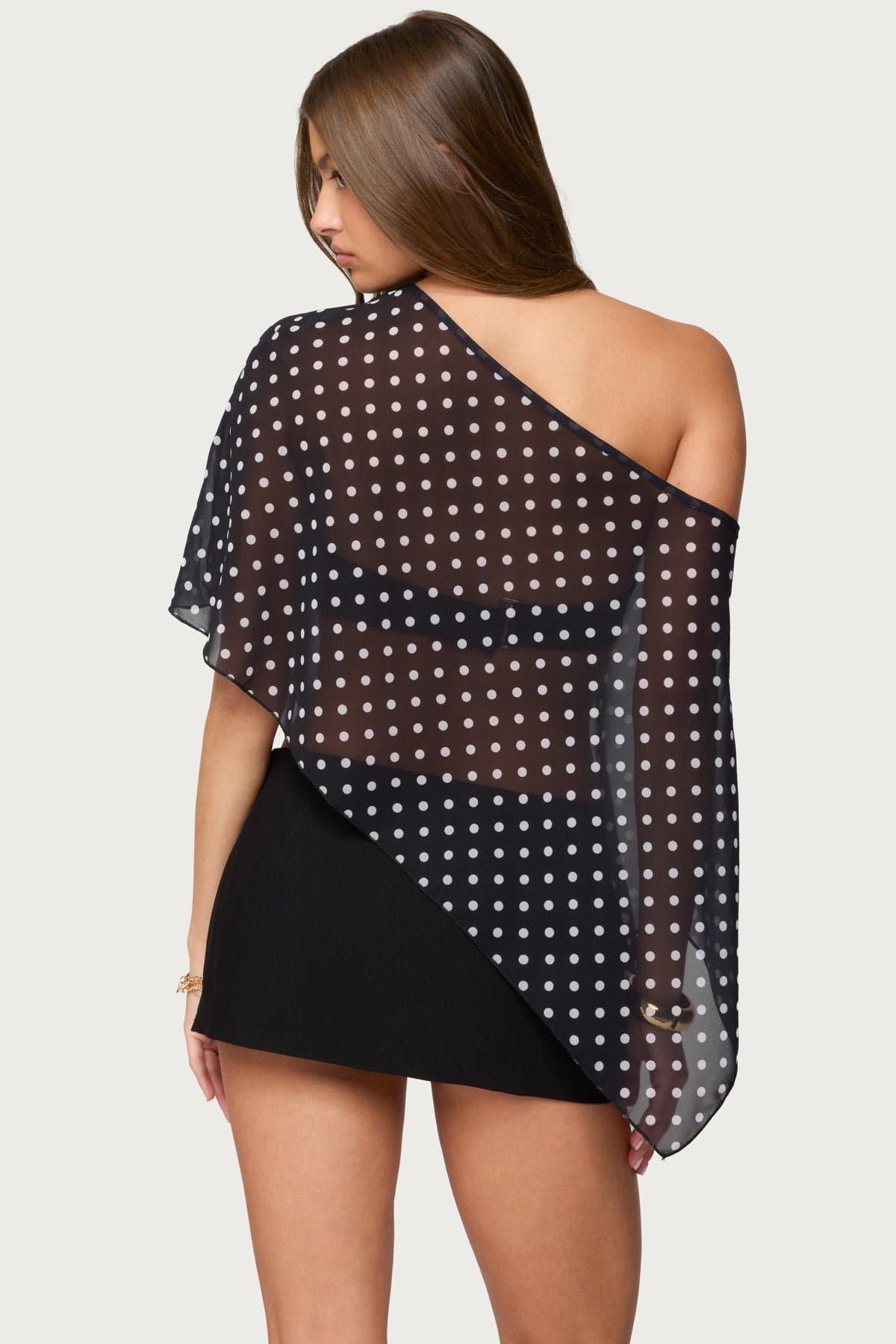 Sheer Chiffon Asymmetric Polka Dot Poncho Off-Shoulder
