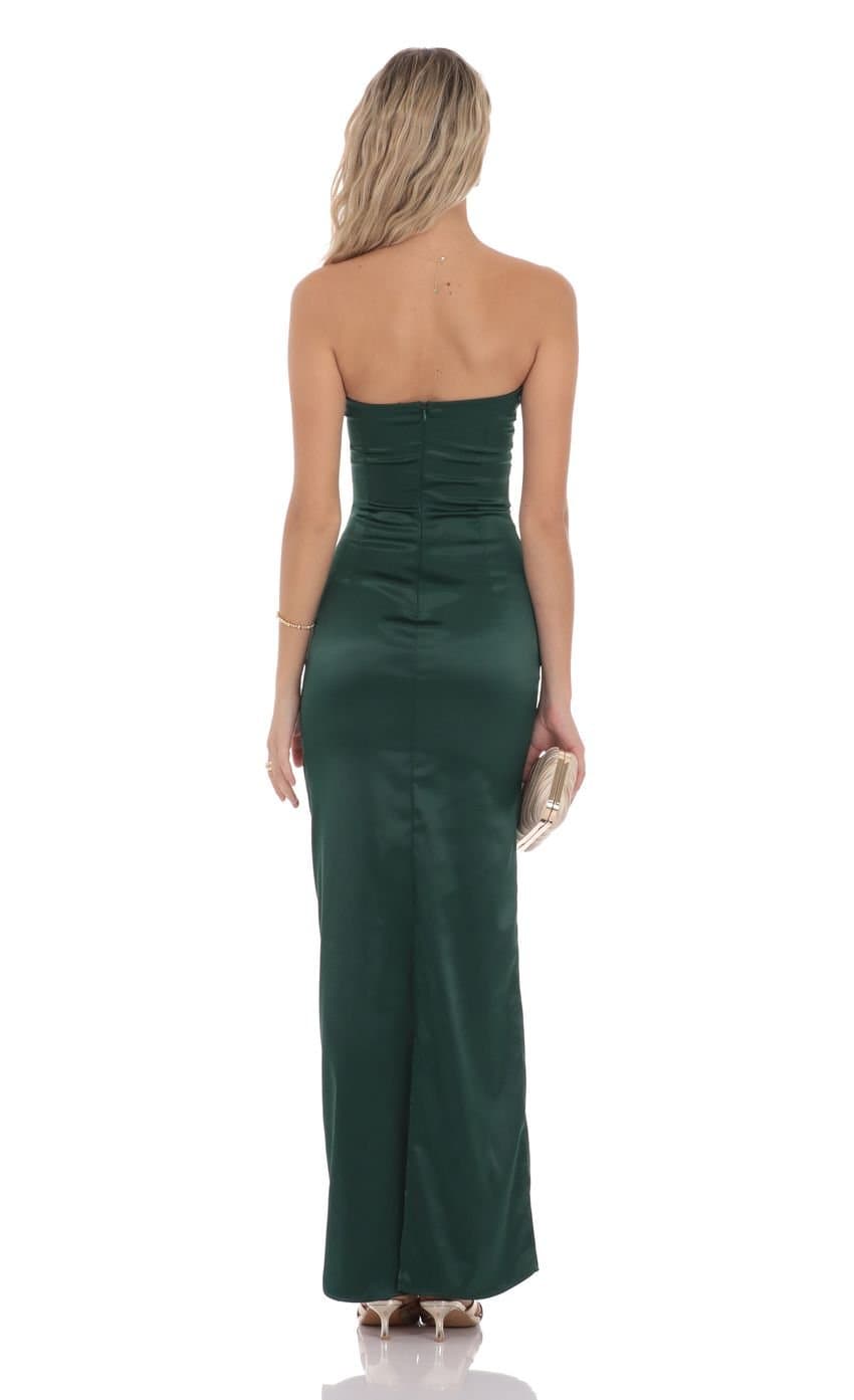 Satin V-Strapless Maxi Dress in Green