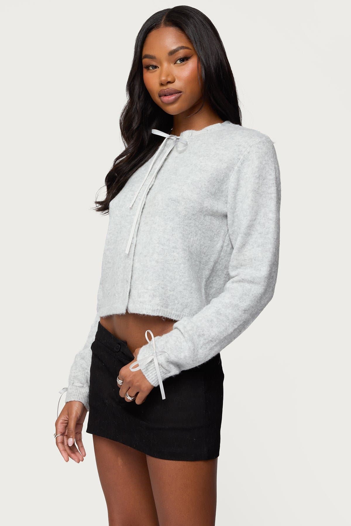 Vickie Ribbon Knit Cardigan - Polyester Acrylic Spandex Button Front with Ribbon Trim