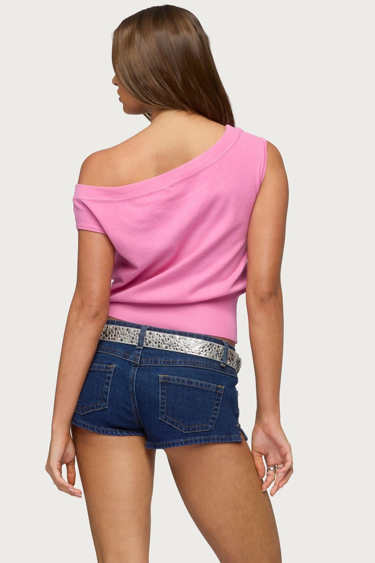 Michaela Off Shoulder Knit Top - Ribbed Polyester Rayon Fitted Hem