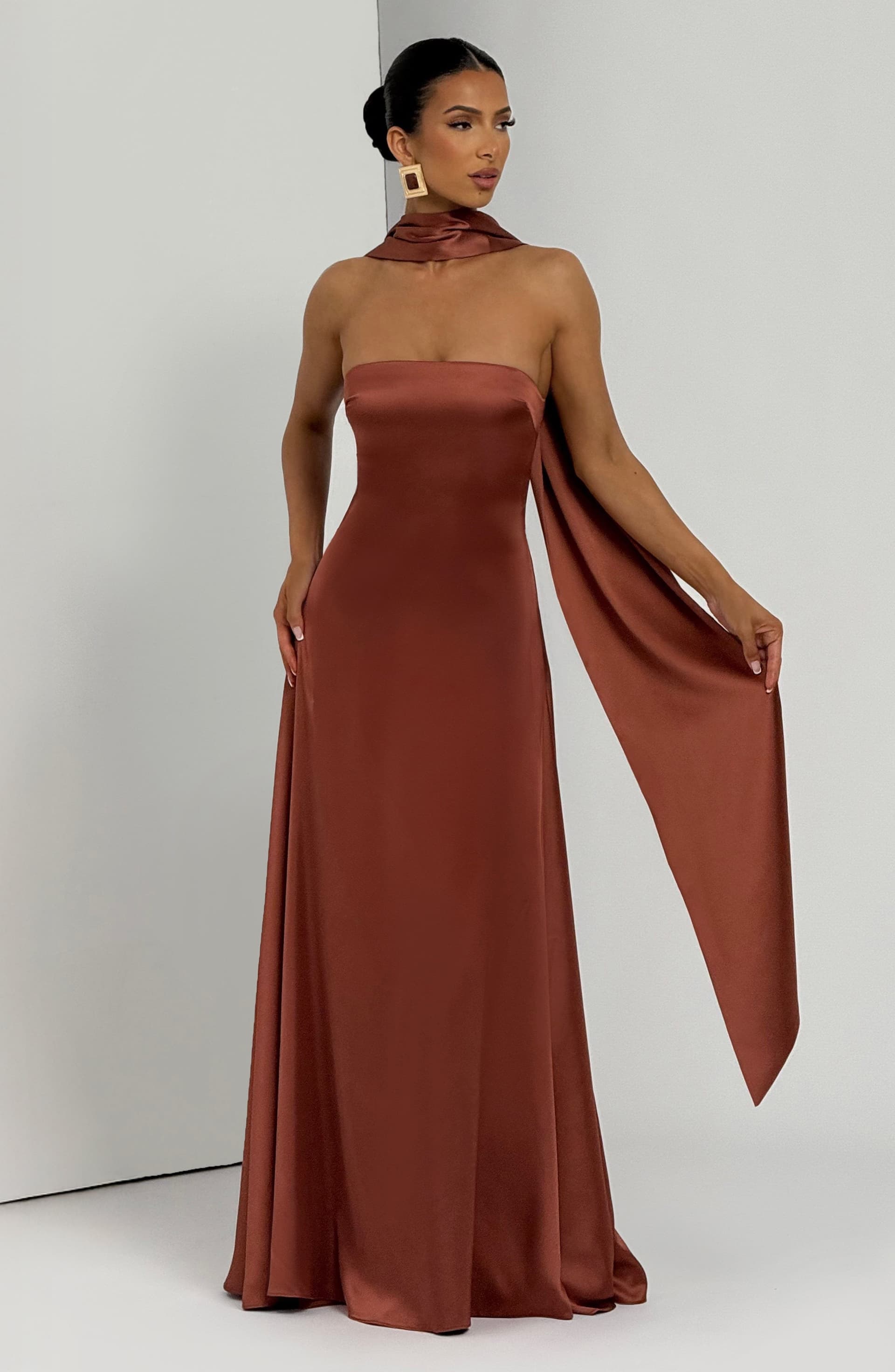 Morven Maxi Dress - Rust Satin Strapless A-Line Lace-Up Back