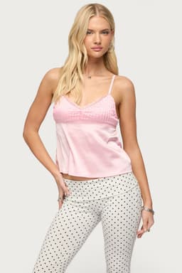 Blanca Satin Effect Lace Trim Tank Top - Adjustable Straps, Tie Back