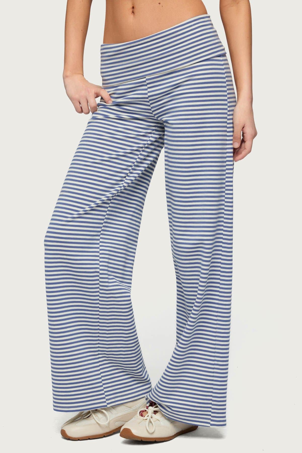 Petite Lilah Striped Fold Over Wide Leg Pants - Cotton Polyester Spandex