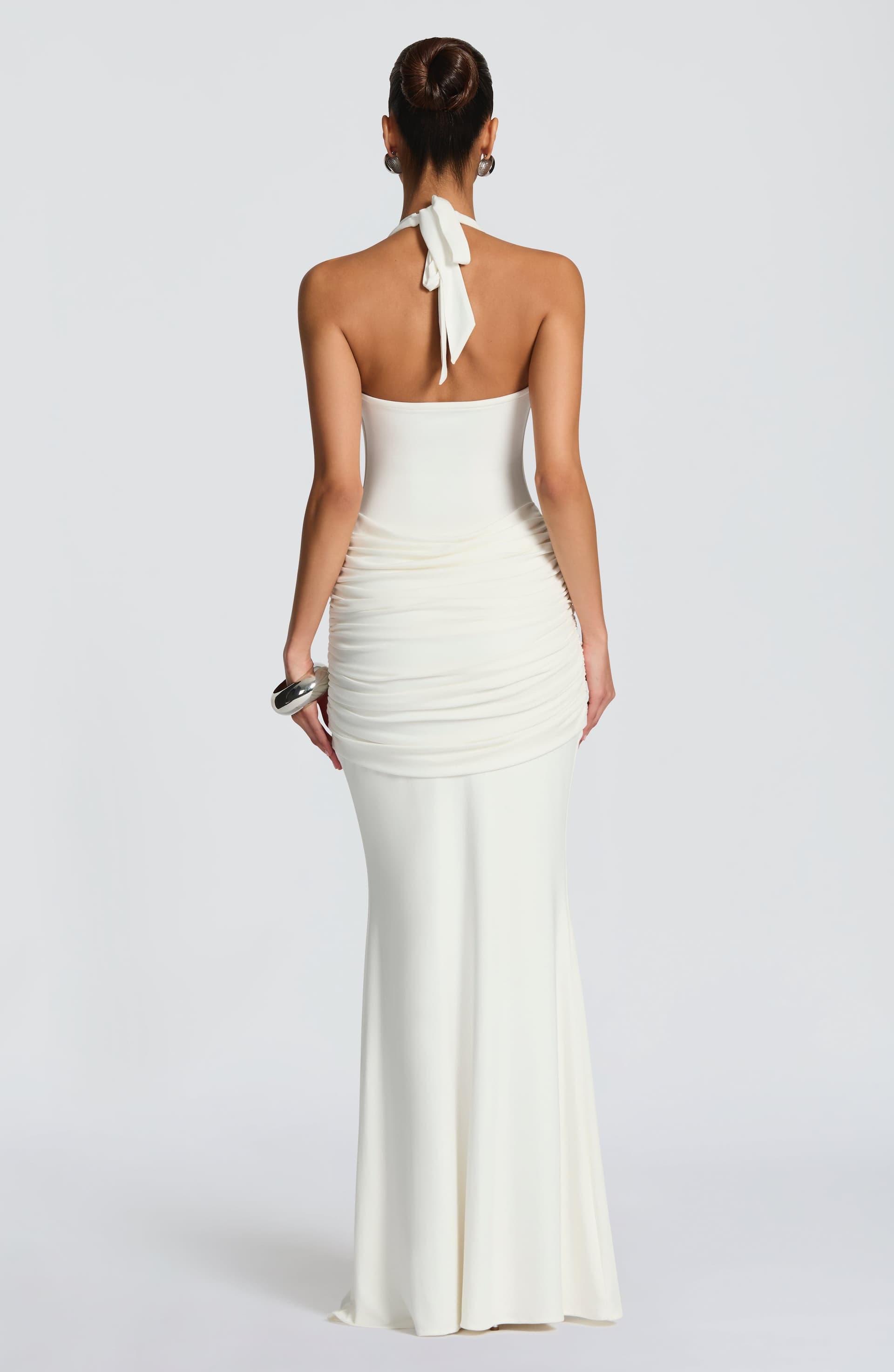 Veneda Maxi Dress in Ivory - Modal Jersey Plunge Neckline Halter Ties Ruched Hips