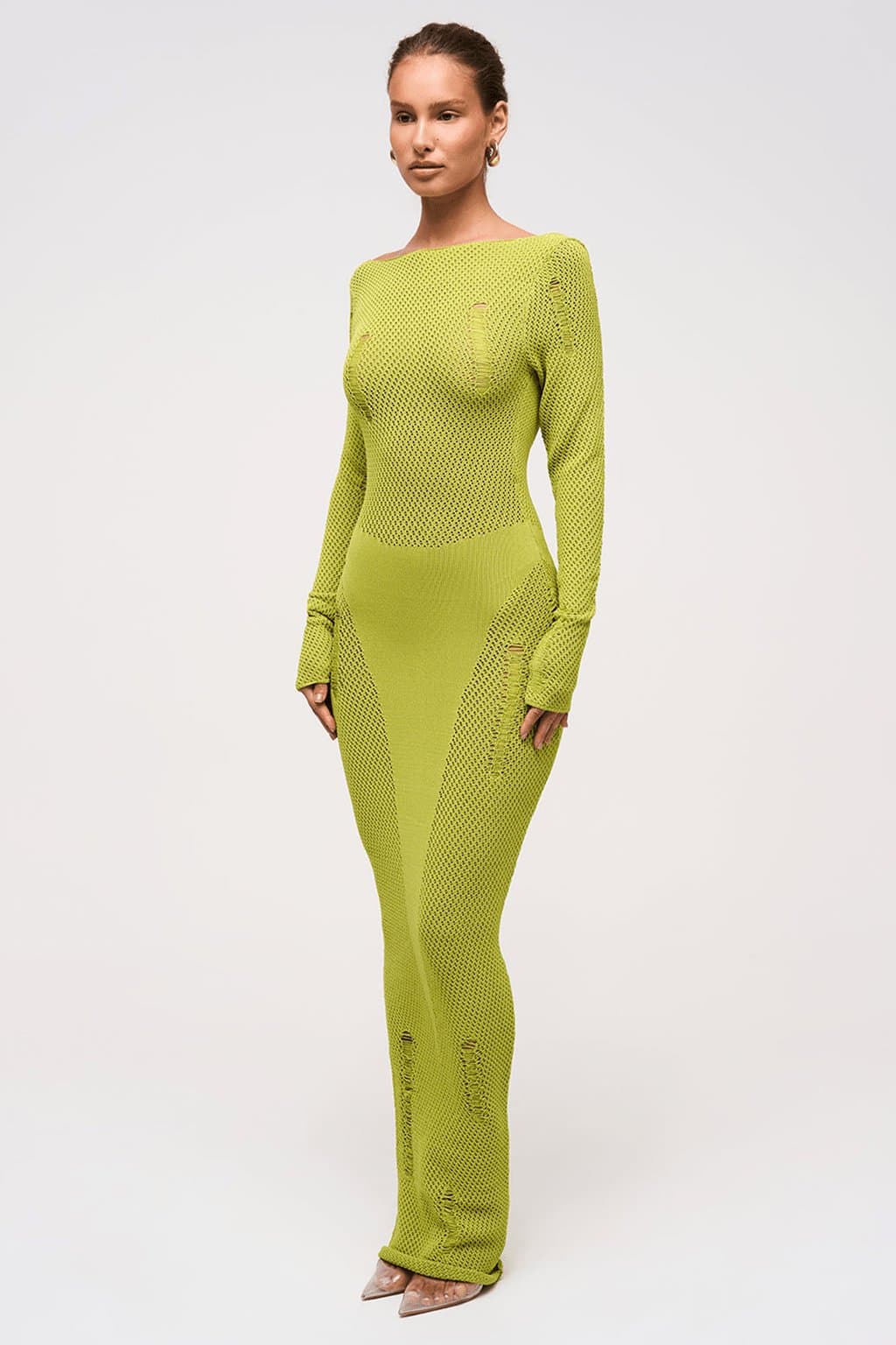 Fig Leaf Scooped Neckline Knit Maxi Dress - Crochet Panel Bodycon Fit Full Sleeve