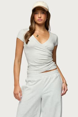 Iria V-Neck Wrapped Top with Gathered Side in Rayon Spandex