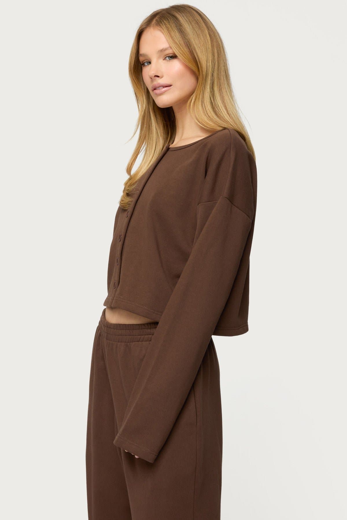 Binah Oversized French Terry Button Up Sweatshirt - Polyester Spandex