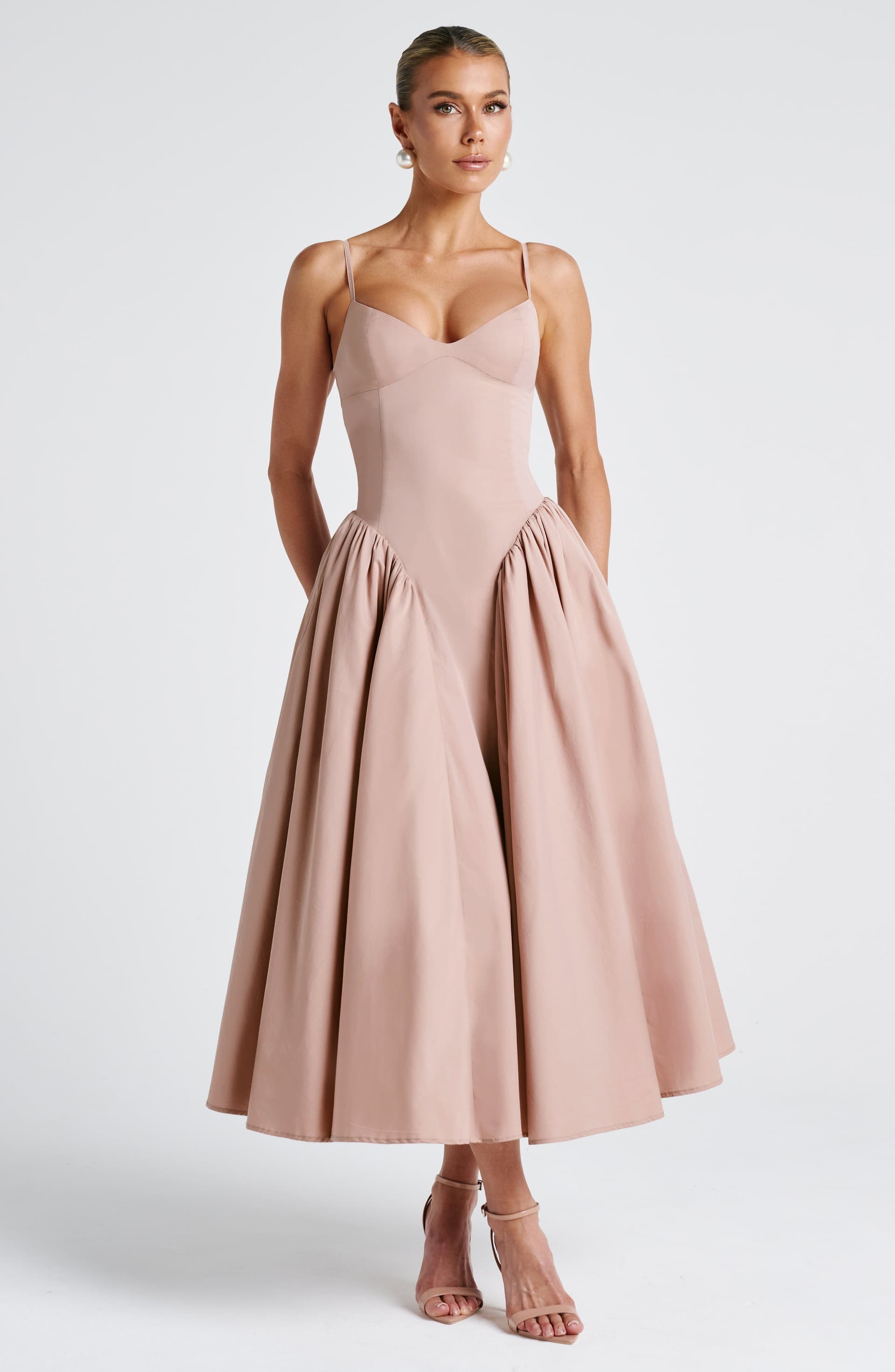 Emerson Midi Dress in Clay - Sweetheart Neckline Lace-Up Back Dropped Waist