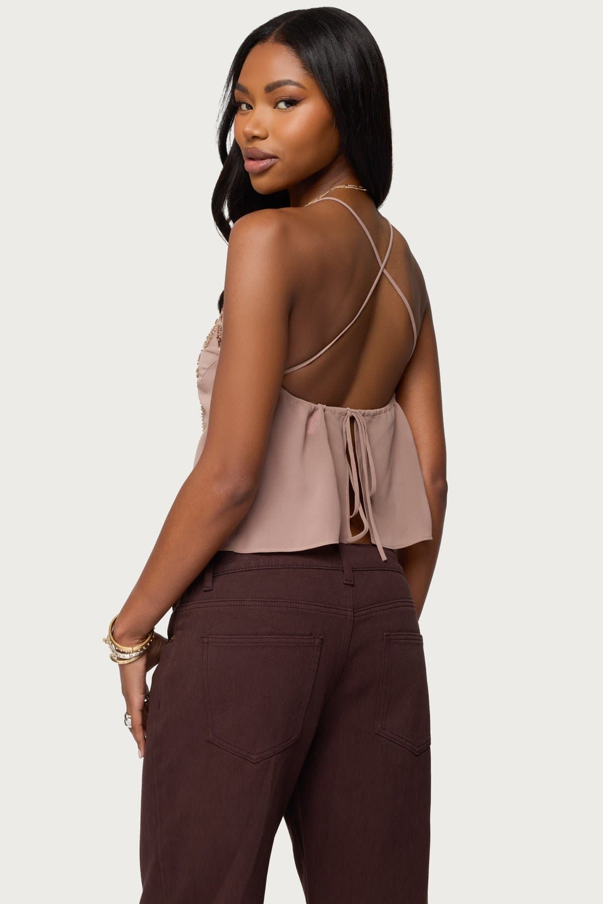 Sorina Embellished V Neck Top with Split Back and Crisscross Design Polyester