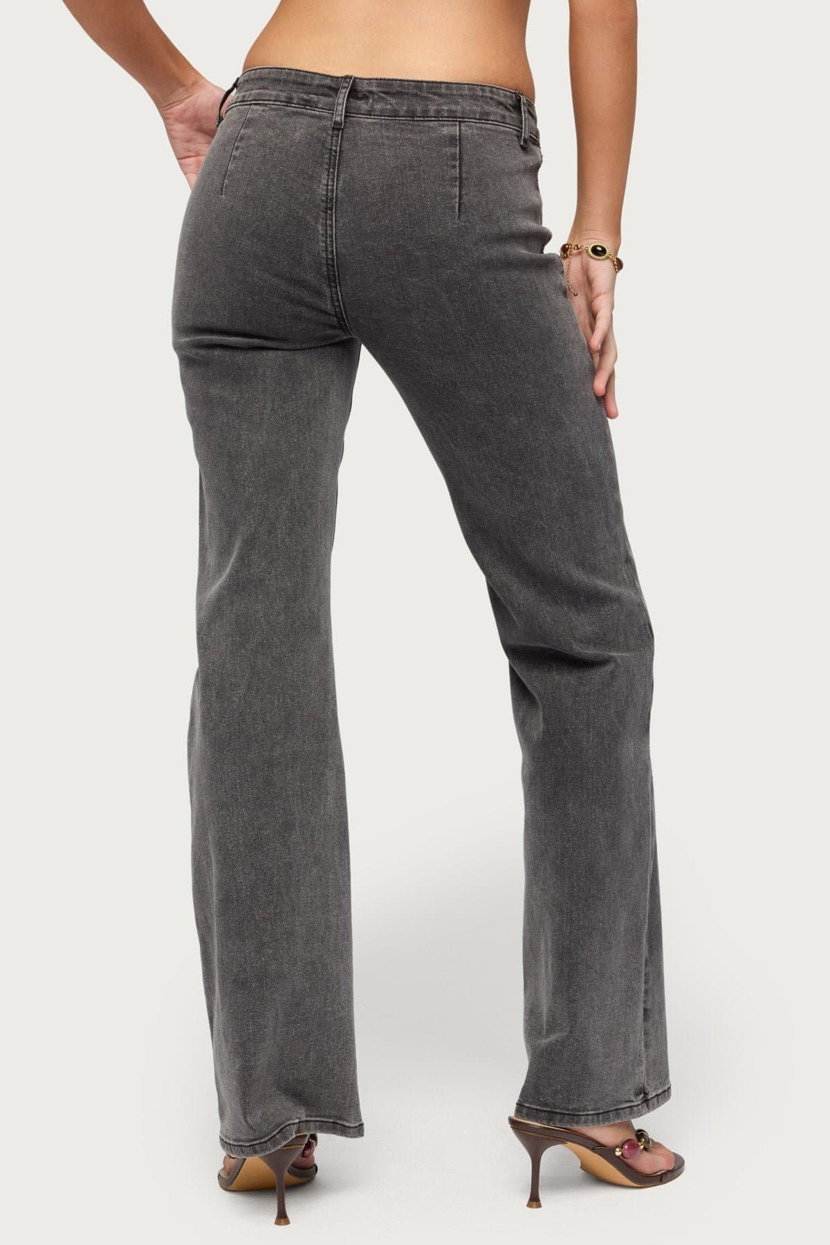 Grommet Mid Rise Straight Leg Jeans in Stretchy Cotton Polyester Spandex Denim