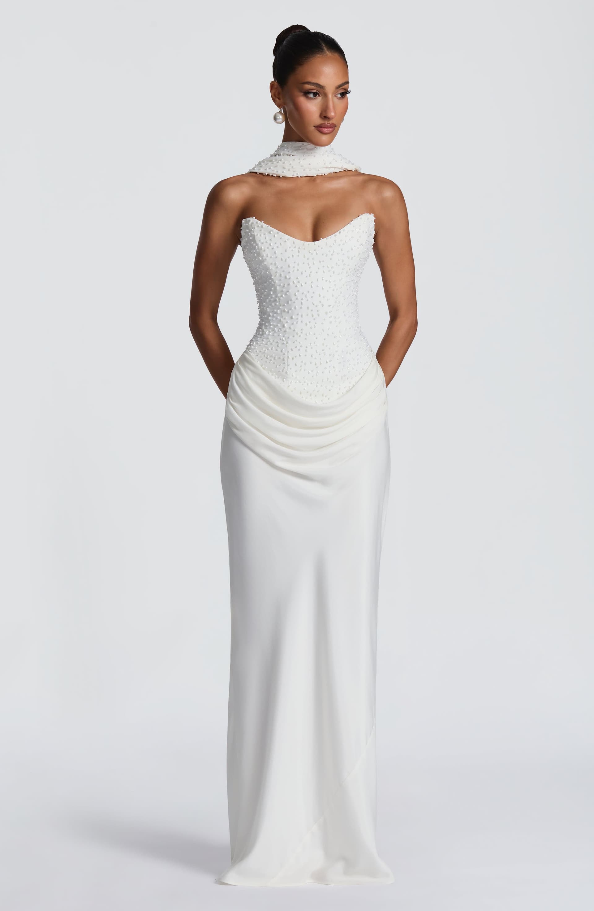 Tindra Maxi Dress Ivory - Pearl Embellished Crepe Bodice Cupro Skirt Strapless