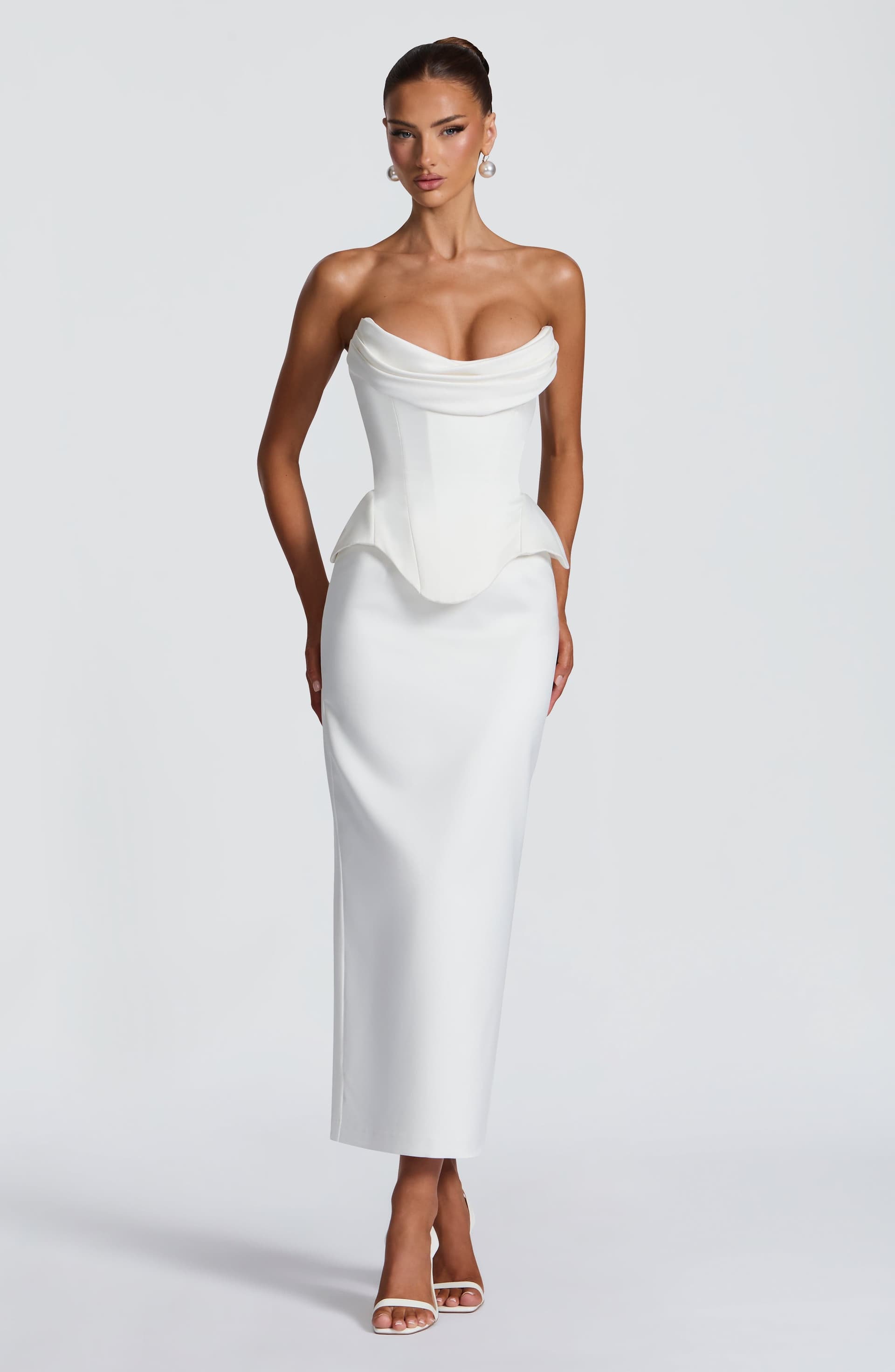 Calliope Midi Skirt in Ivory Duchess Satin - Mid-Rise Pencil Silhouette