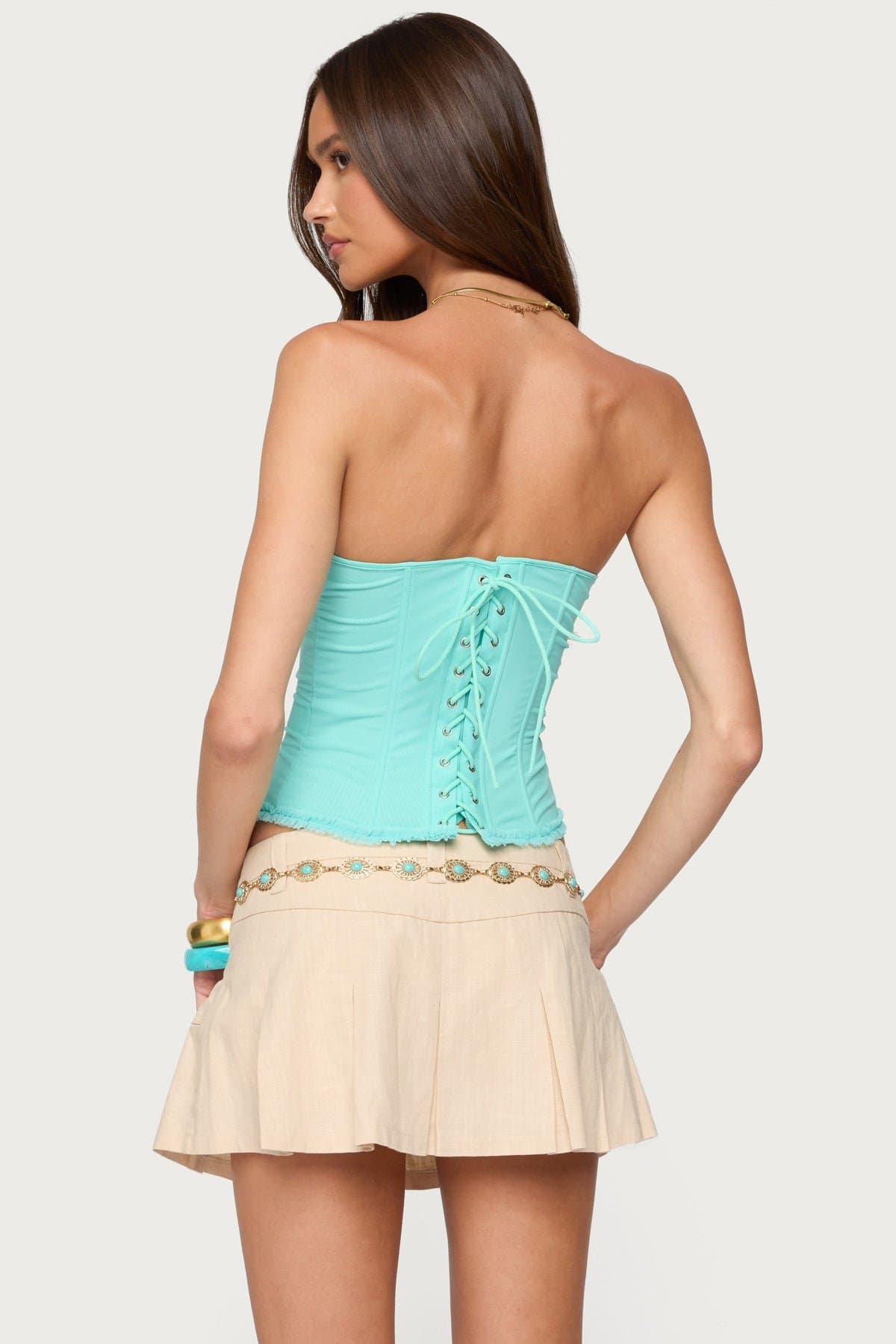 Deirdre Mesh Lace Up Corset with Cupped Construction Boned Bodice Frilled Trim Polyester
