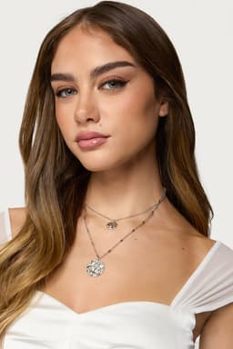 Textured Duo Layered Necklace - Silver Tone Metal, 14.3 Inch Length