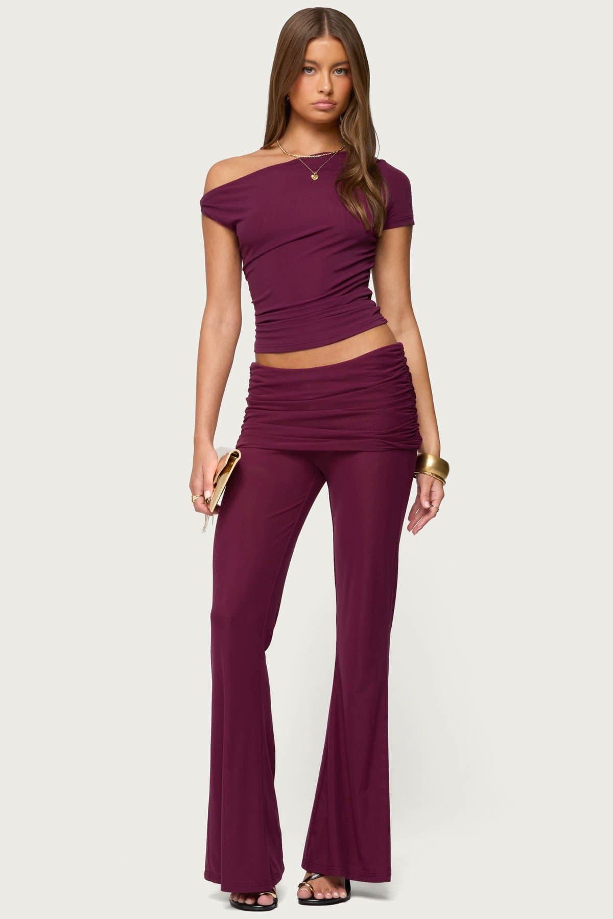 Halli Foldover Mini Skirt Pants - Flared Ruched Mesh Nylon Spandex Pants