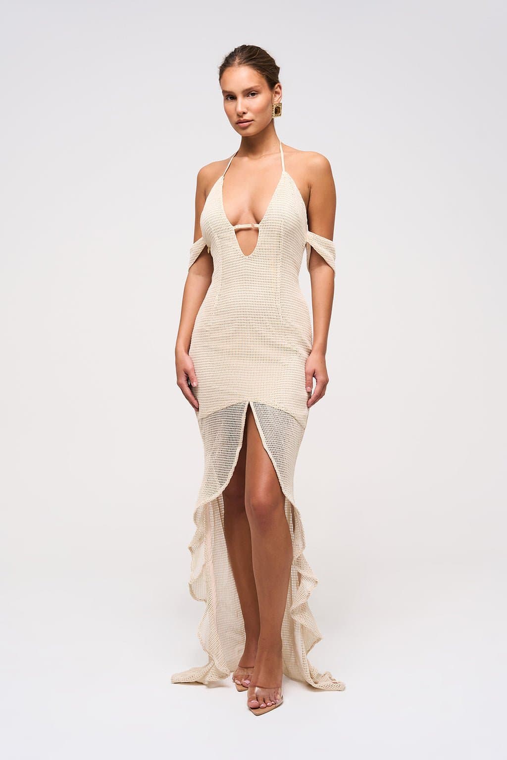 Veil Plunge Ruffle Maxi Dress in Ivory - Crochet-Like Fabric, Adjustable Straps, Lined Bodice