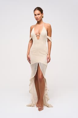 Veil Plunge Ruffle Maxi Dress in Ivory - Crochet-Like Fabric, Adjustable Straps, Lined Bodice