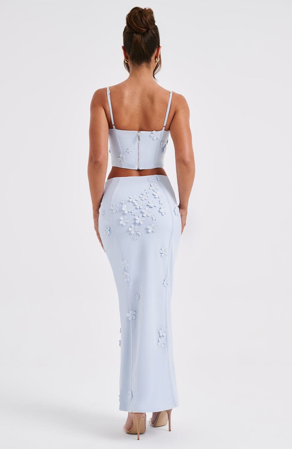 Dalary Maxi Skirt in Blue Stretch Mesh with 3D Flower Appliques