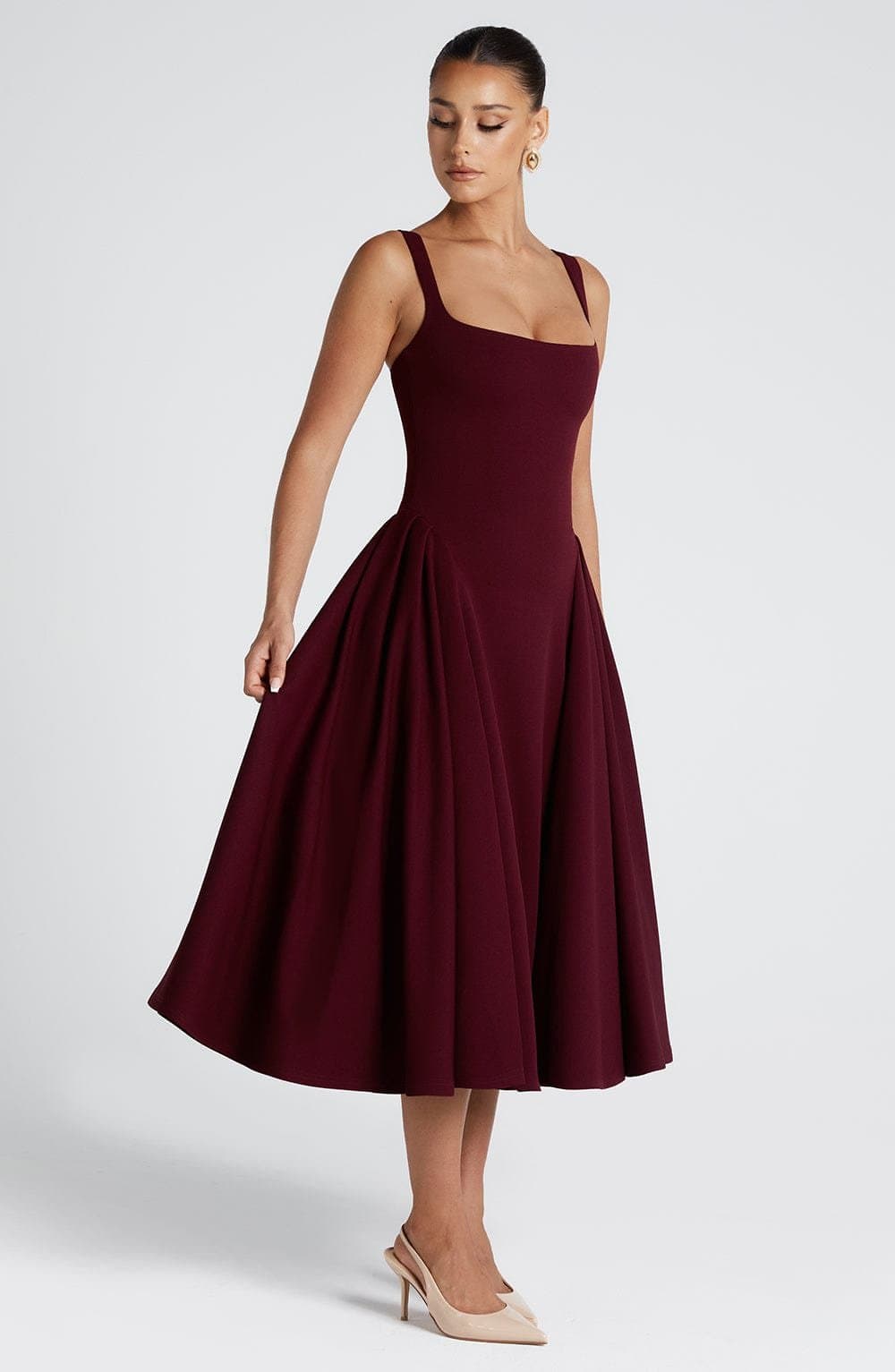 Betty Midi Dress in Cherry Lacquer - Stretch Crepe Square Neckline