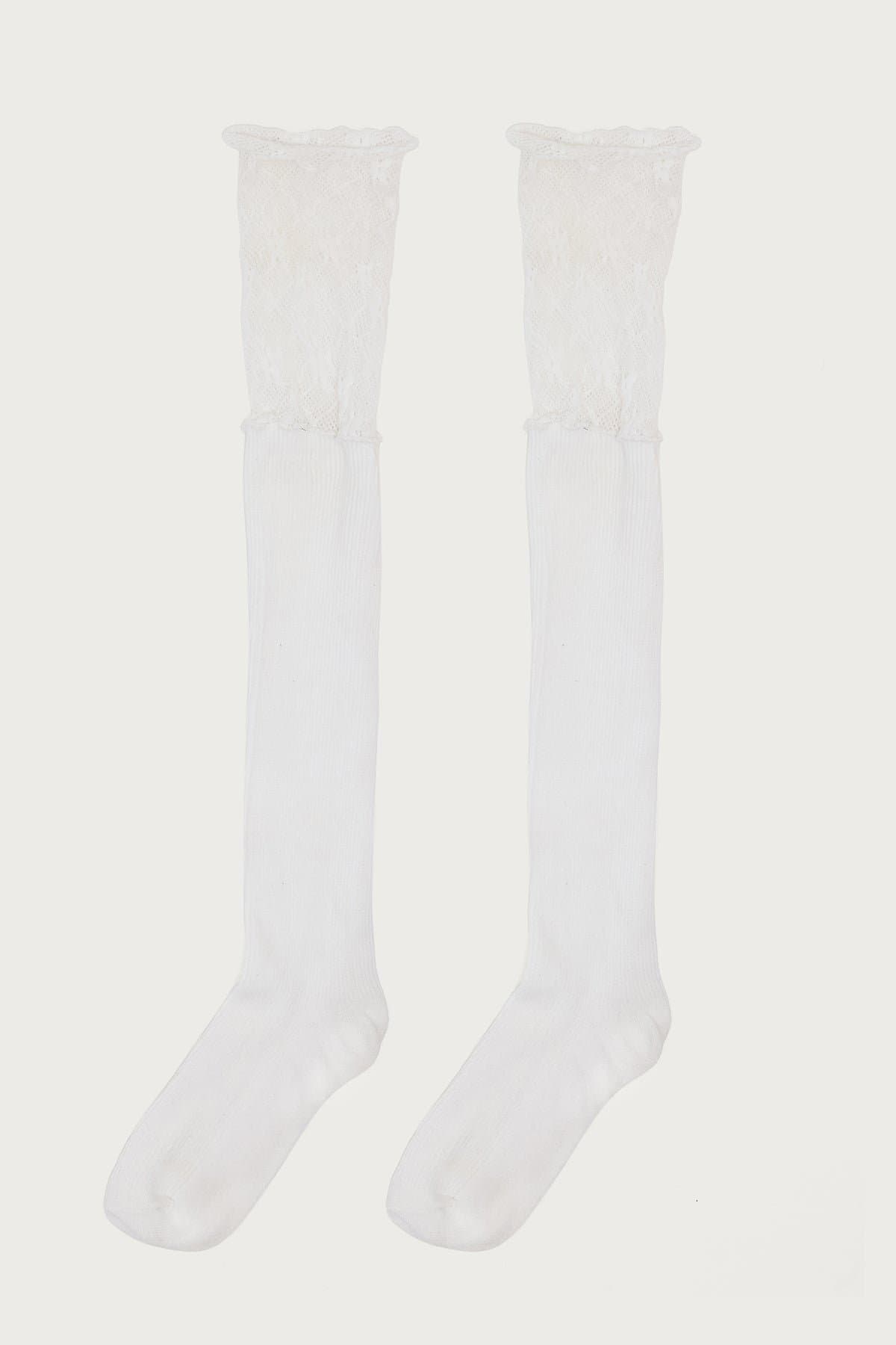 Lacey Layered Knee High Socks - Cotton Polyester Spandex Blend, 24.8 Inch Length