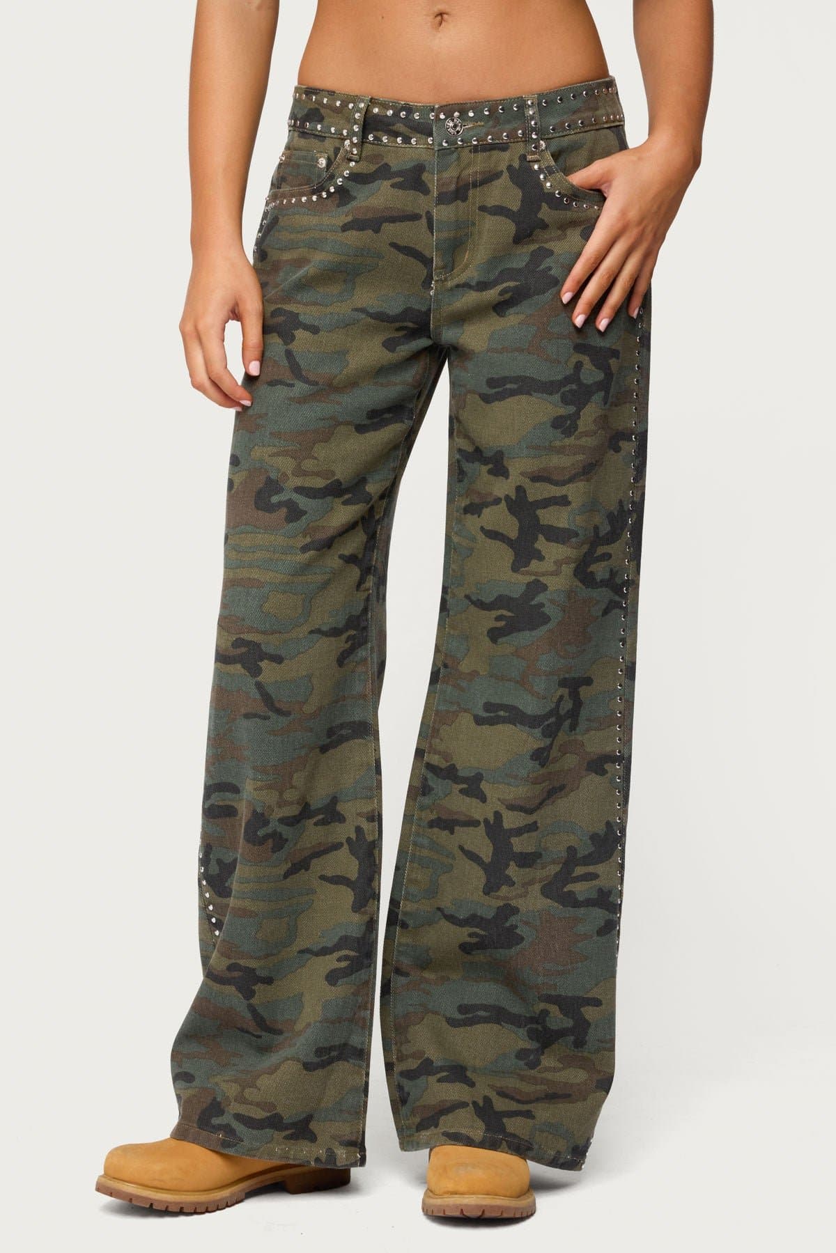 Quincy Studded Low Rise Baggy Jeans - Camo Print 100% Cotton Rigid Denim