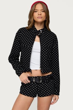 Tabitha Polka Dot Print Jacket - Cotton Spandex Front Zip Button Closure Small