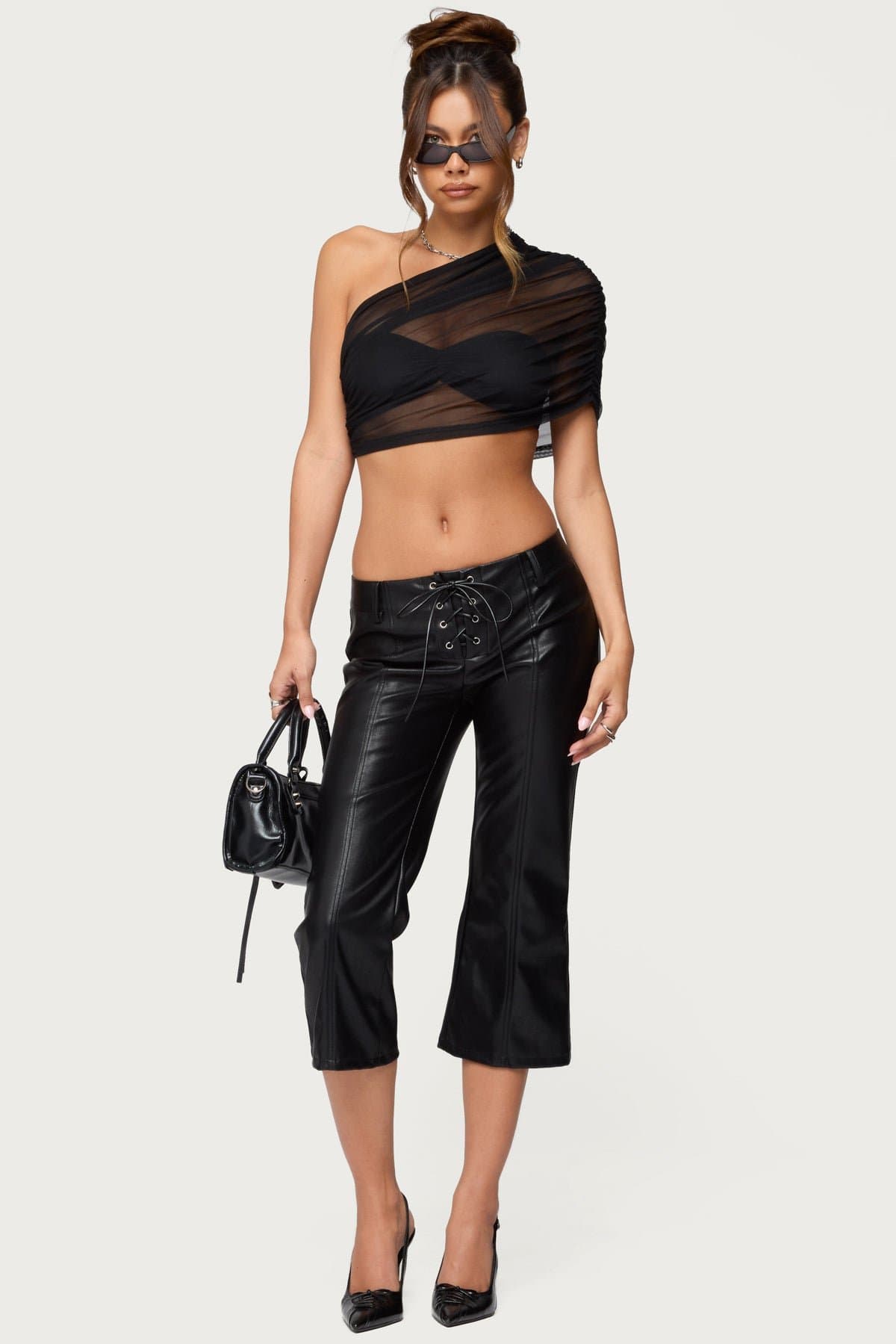 Layered Bandeau Sheer Mesh One-Shoulder Top - Nylon Spandex