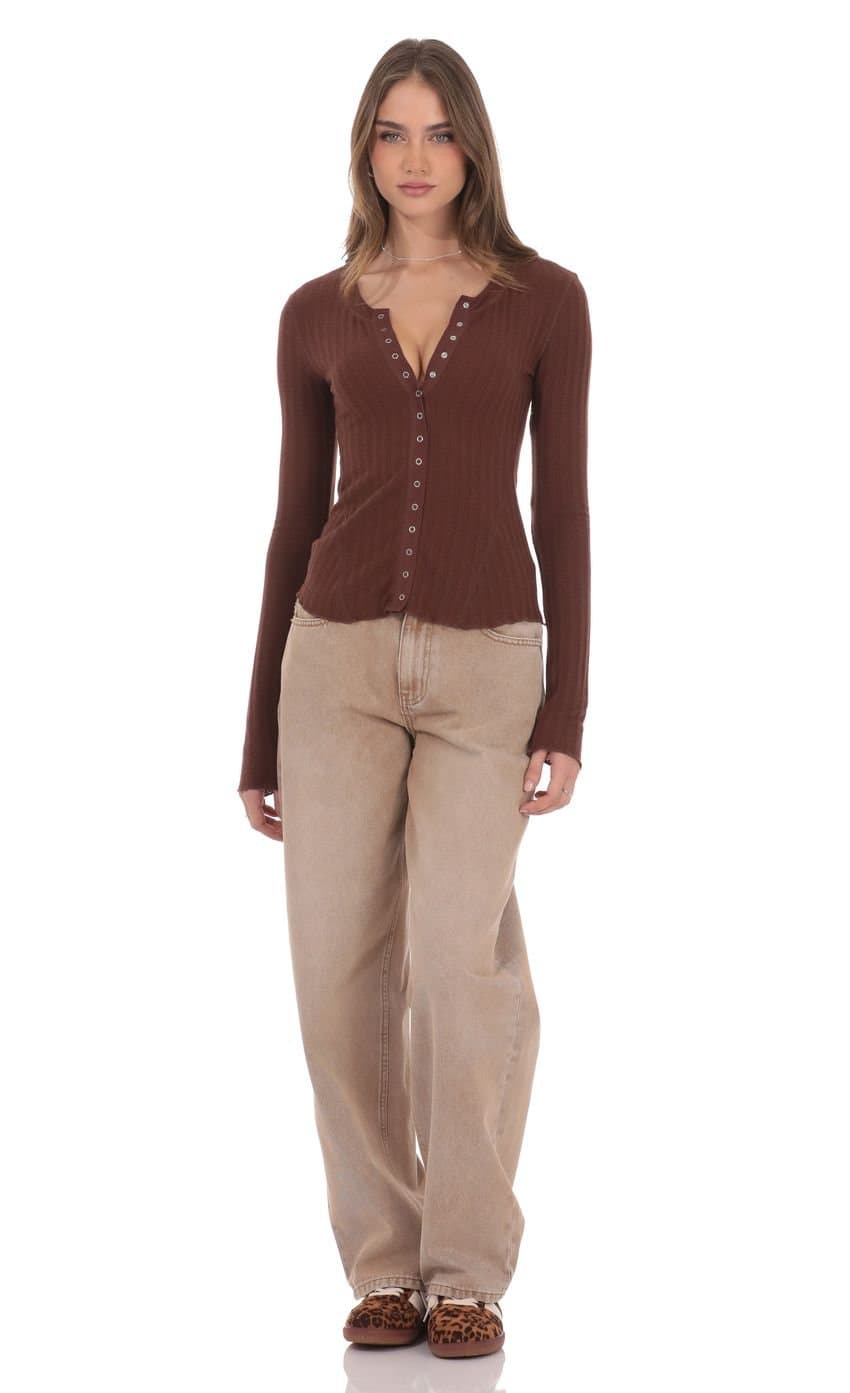 Textured Ribbed Button Top in Brown
