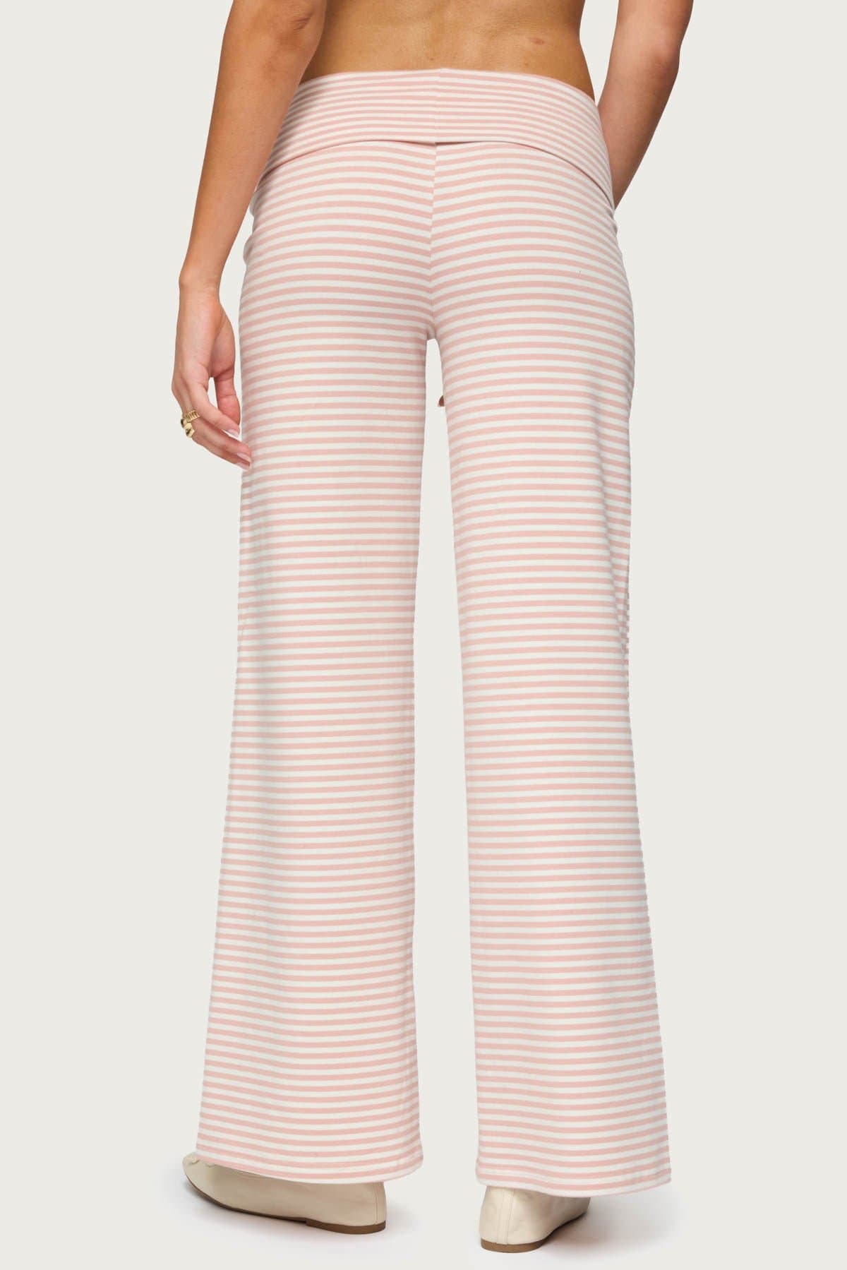 Lilah Striped Fold Over Wide Leg Pants - Cotton Polyester Spandex