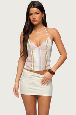 Raquel Sequin Striped Halter Top - Polyester with Neck Tie Closure and Back Cut Out